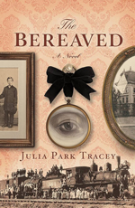 cover art of The Bereaved, which shows a wall of frame pictures and below a crowd of people in front of a train