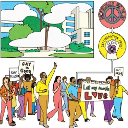 comic art of a group of people holding signs "Gay is Good" and peace signs of Gay liberation