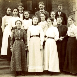 a photograph of the 1900 in sepia showing the first students of SFSU: 10 women and 4 men