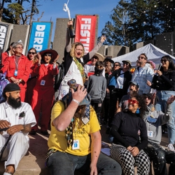 Crowd celebrating outdoors