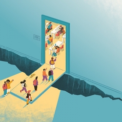 Illustration of students walking into a classroom using the door as a bridge